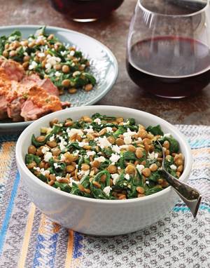 Garlicky Spinach & Lentils with Feta Cheese
