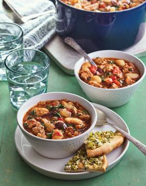 Greek Pork & Spinach Stew with Beans and Olives