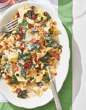 Creamy Swiss Chard Pappardelle with Bacon Bread Crumbs