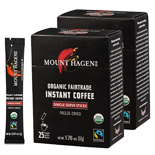 Two boxes of Mount Hagen single serve instant coffee packets on a white background.