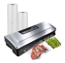 Angled shot of the Potane food vacuum sealer on a white background as it seals meat and veggies.