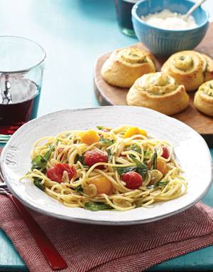 Roasted Grape Tomato & Garlic Spaghetti with Fresh Arugula