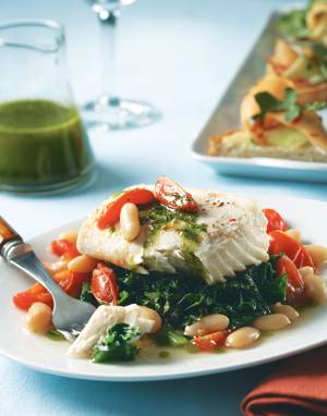 Slow-Poached Halibut with White Beans and Escarole