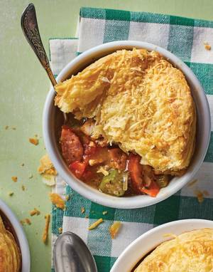 Chicken Gumbo “Pot Pie” with puff pastry rounds