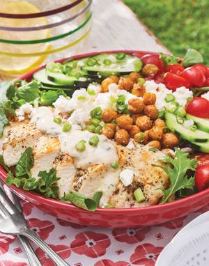 Chicken & Crispy Chickpea Bowls with Tahini-Miso Ranch Dressing