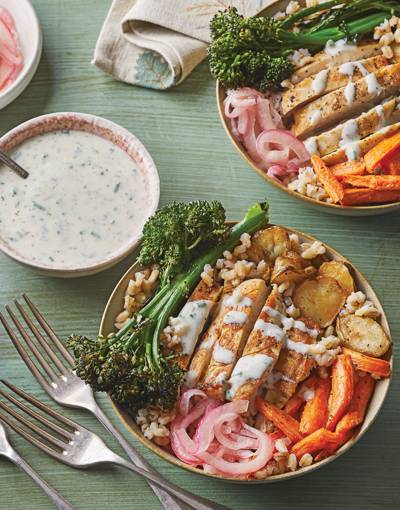 Barley & Chicken Bowls with Pickled Red Onions, Roasted Vegetables, and Kefir Ranch Dressing