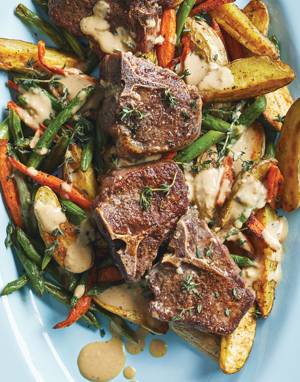 Lamb Chops with Mustard-Thyme Sauce and Roasted Fingerling Potatoes with Carrots & Green Beans