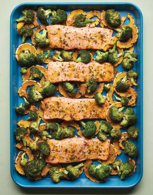 Maple-Mustard Sheet Pan Salmon with Delicata & Broccoli