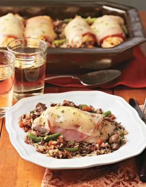 Swiss Chicken Rolls with Toasted Rice Pilaf