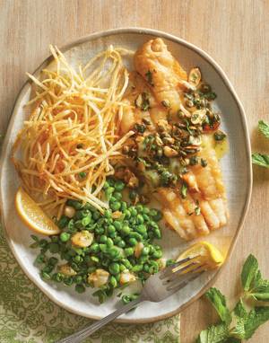 Sole Meunière with almonds, minted mashed peas and shoestring fries