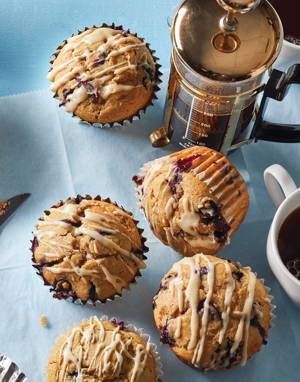 Blueberry Coffee “Cake” Muffins with maple syrup glaze