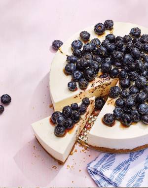 No-Bake Greek Yogurt Cheesecake with Brown Sugar Blueberries and Poppy Seeds