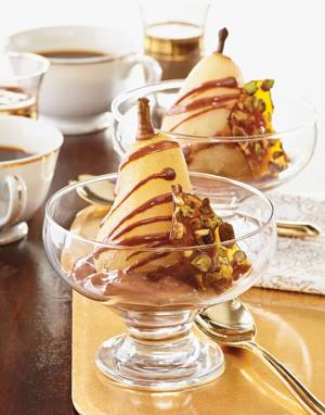 Champagne-Poached Pears with Dark Chocolate Sabayon & Pistachio Brittle