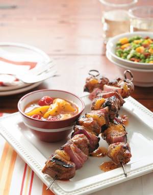 Grilled Pork Kebabs with Peach Melba Sauce