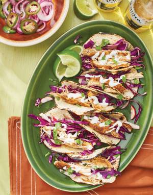 Chicken Street Tacos with Red Cabbage Slaw & Lime-Pickled Onions