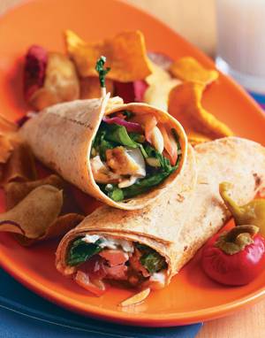Chicken & Spinach Salad Wraps with Hot Bacon Dressing