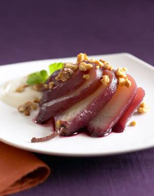 Red Wine Poached Pears with Vanilla Cream and Toasted Walnuts