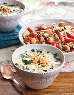 Chicken Florentine Soup with Parmesan-Almond Topping