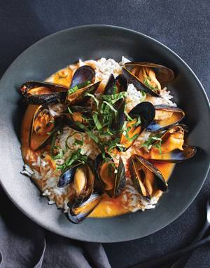 Red Curry Mussels with coconut rice