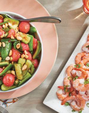 Smashed Cucumber & Watermelon Salad with shrimp