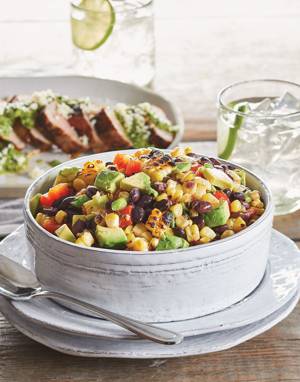 Charred Corn & Black Bean Salad with Red Bell Pepper and Avocado