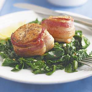 Bacon-Wrapped Turkey "Filet Mignons" with Garlic Spinach