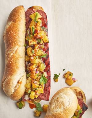 Grilled Kielbasa Sandwiches with sweet & sour sauce and pineapple relish