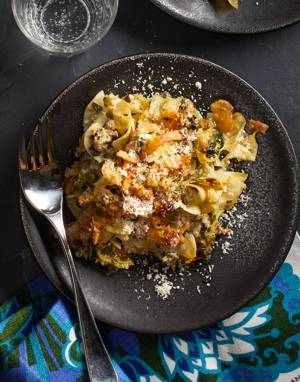 Tuna Noodle Casserole with artichokes and spinach