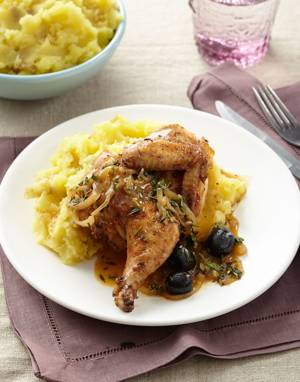 Pan-Roasted Game Hens with Olives & Herbs
