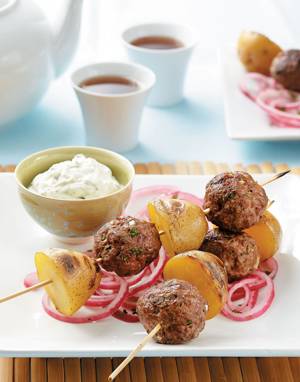 Lamb & Potato Satay with Pickled Red Onions & Goat Cheese Cream