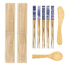 BambooWorx sushi making kit deluxe - includes 2 bamboo sushi rolling mats,  rice spreader, rice paddle, 5 pairs chopsticks - 100% bamboo