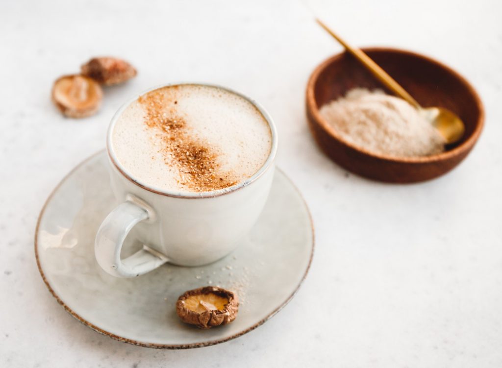 Mushroom latte with shiitake powder and unsweetened coconut-almond blend milk