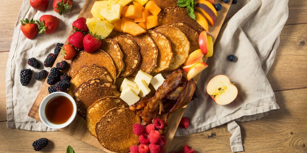 Homemade Pancake Charcuterie Board with Fruit and Bacon