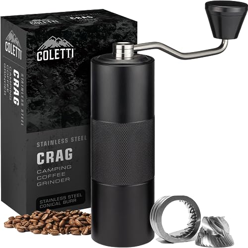 Image of a black COLETTI manual coffee grinder in front of a pile of coffee beans.
