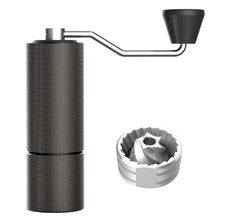 Black TIMEMORE manual coffee grinder next to its stainless steel burr.
