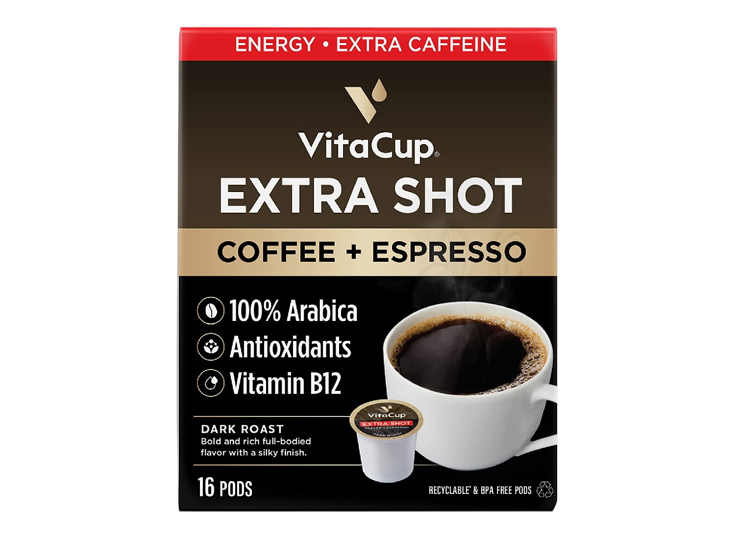 The VitaCup Coffee Pods With Espresso Shot sold on Amazon