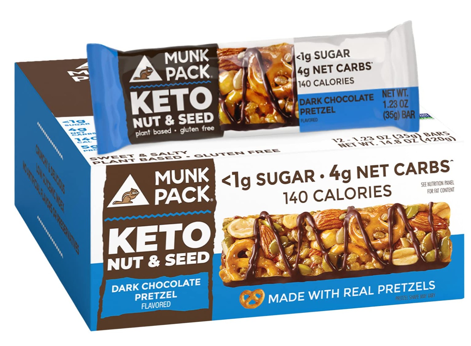 The Munk Pack Dark Chocolate Pretzel Nut & Seed Bar sold on Amazon
